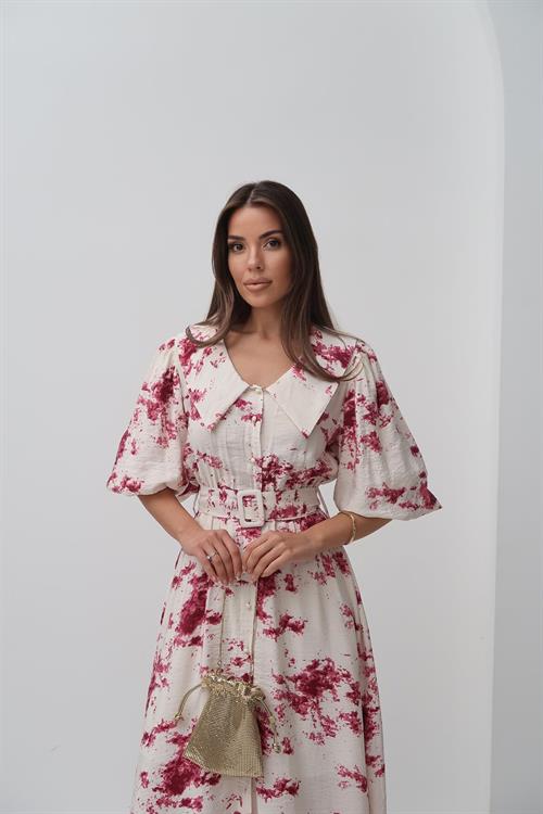 Toptan Kırmızı Desenli Kemerli Elbise