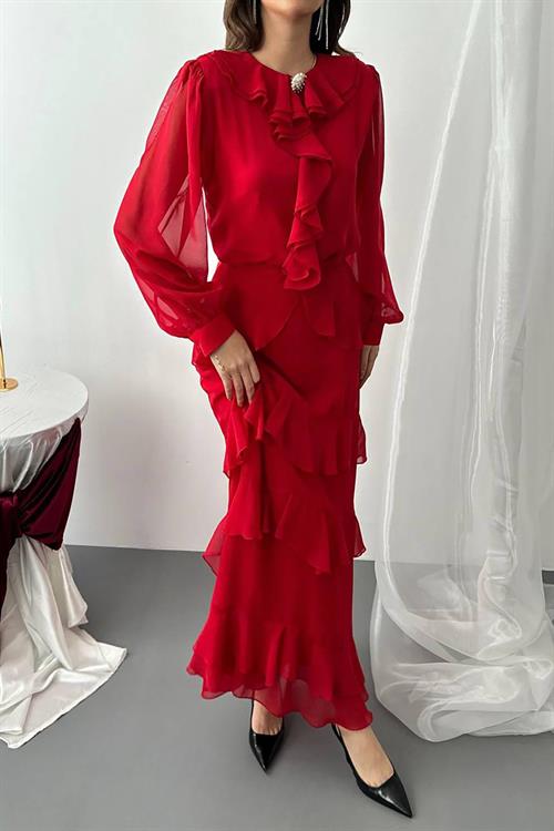 Toptan Kırmızı Fırfırlı Şifon Takım