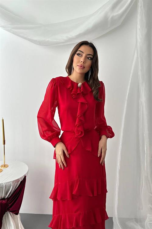 Toptan Kırmızı Fırfırlı Şifon Takım