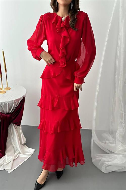 Toptan Kırmızı Fırfırlı Şifon Takım