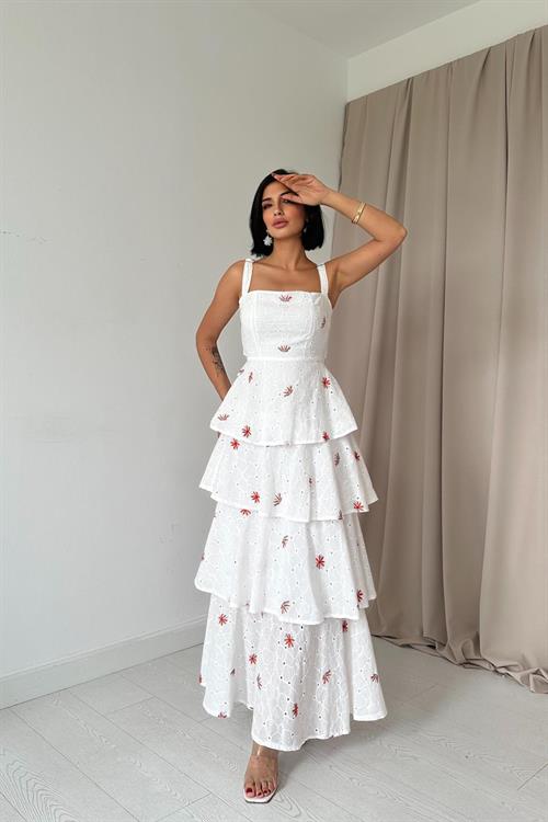 Toptan Kırmızı Kat Kat Arkası Bağlamalı Elbise