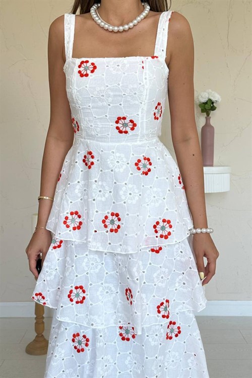 Wholesale White-Red Back-Tie Layered Dress