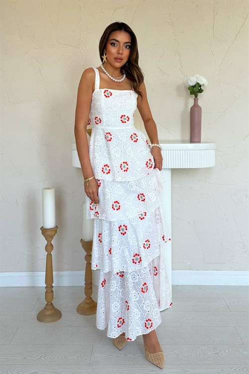 Wholesale White-Red Back-Tie Layered Dress