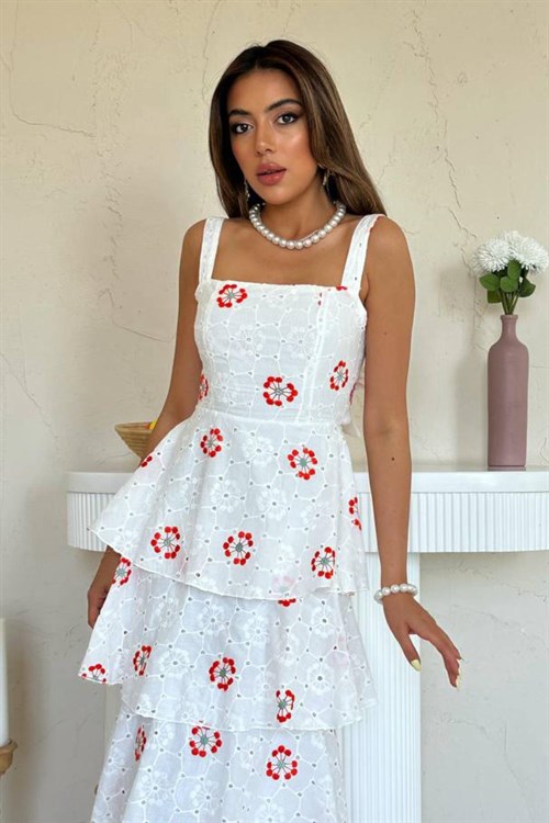 Wholesale White-Red Back-Tie Layered Dress