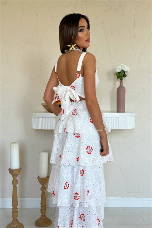 Wholesale White-Red Back-Tie Layered Dress