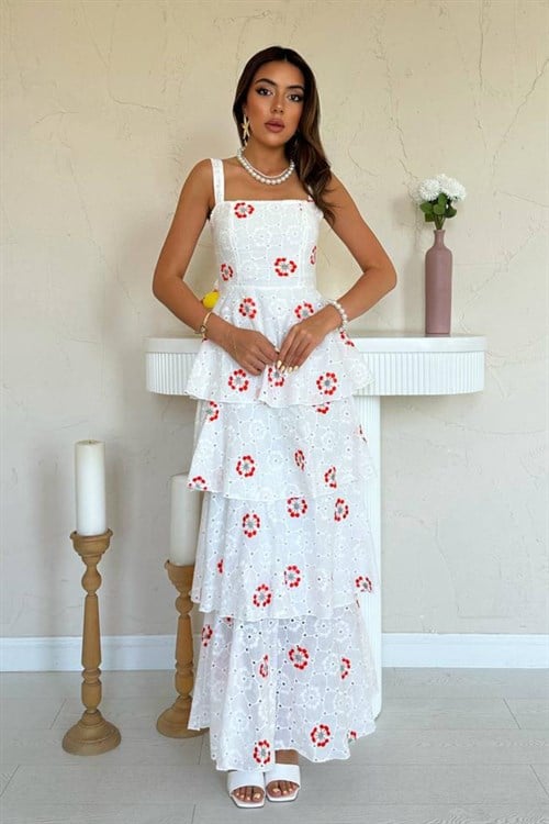 Wholesale White-Red Back-Tie Layered Dress