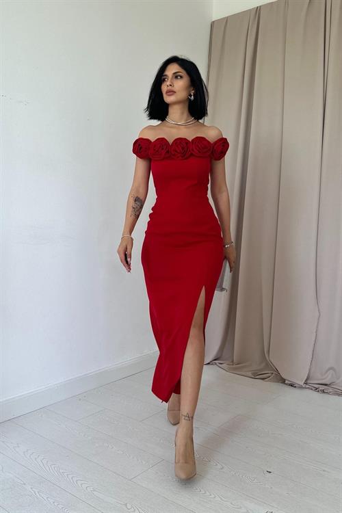 Wholesale Red Madonna Collar Rose Dress