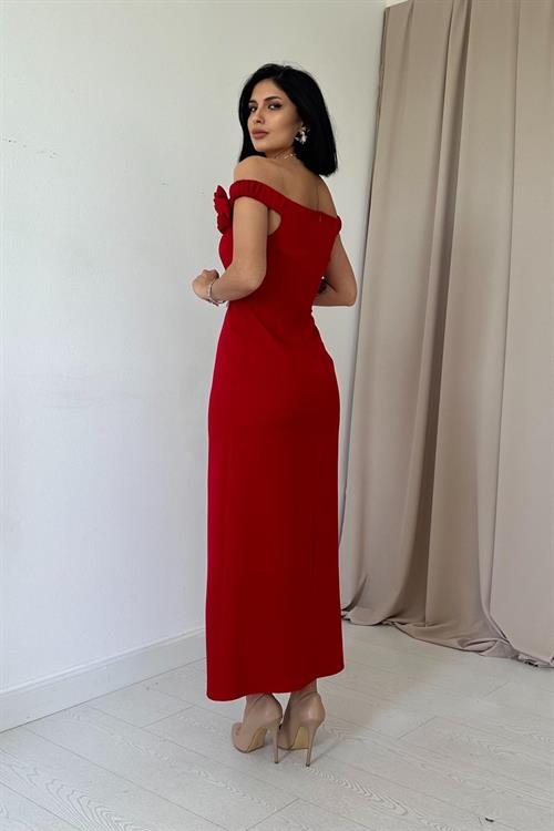 Wholesale Red Madonna Collar Rose Dress