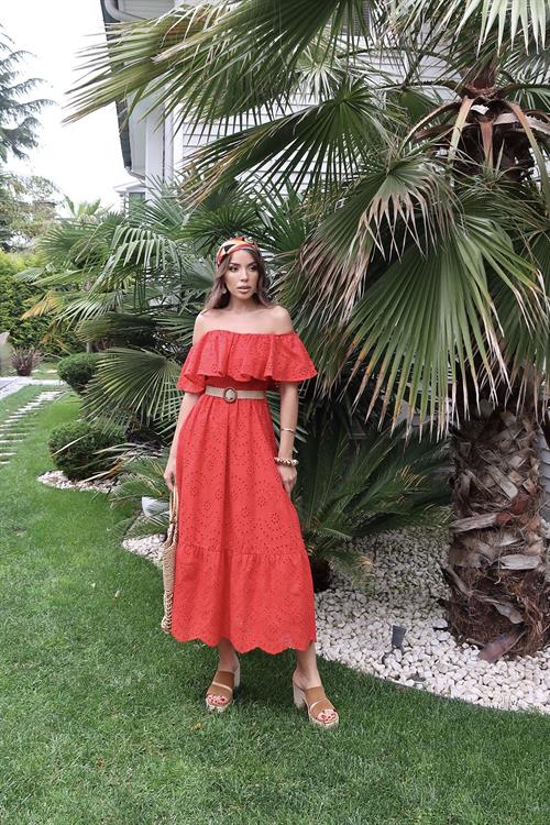 Toptan Kırmızı Omzu Lastikli Brode Elbise