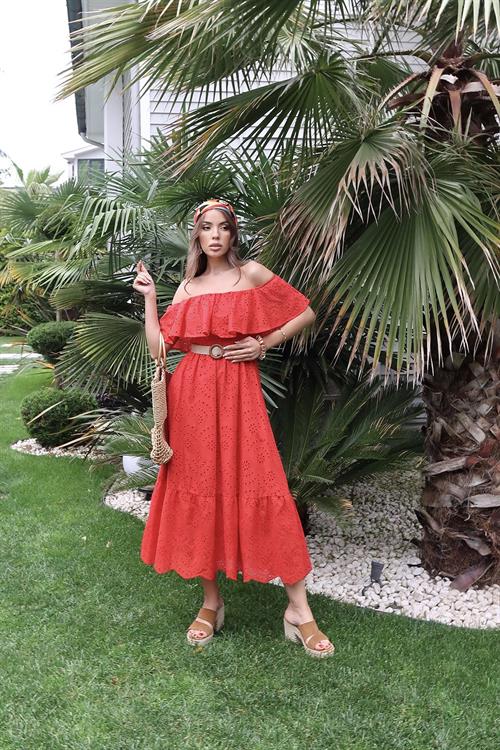 Toptan Kırmızı Omzu Lastikli Brode Elbise