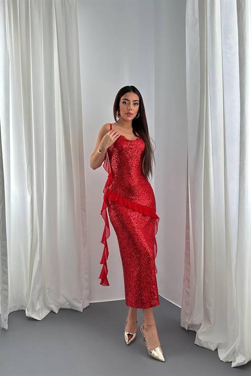 Wholesale Red Sequin Dress with Chiffon Ruffle
