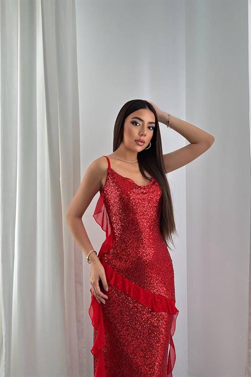 Wholesale Red Sequin Dress with Chiffon Ruffle
