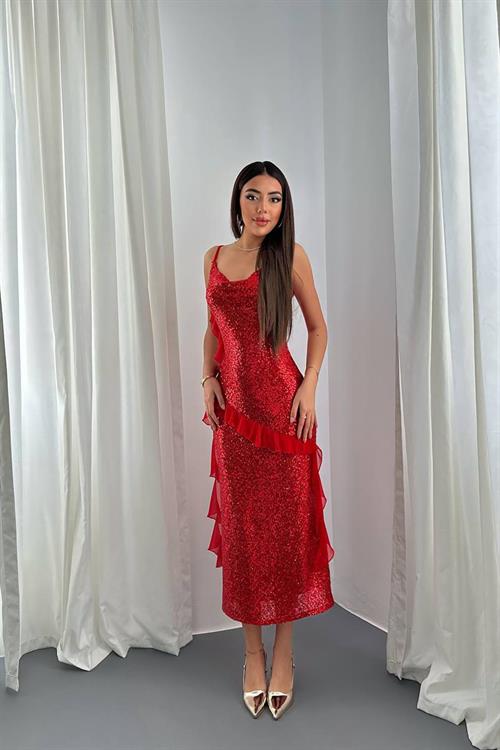 Wholesale Red Sequin Dress with Chiffon Ruffle