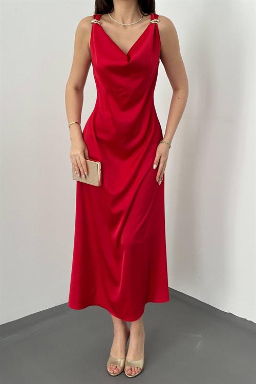 Wholesale Red Satin Cowl-Neck Dress with Buckled Shoulders