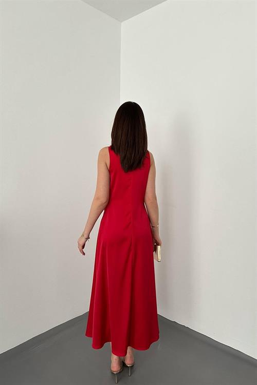 Wholesale Red Satin Cowl-Neck Dress with Buckled Shoulders