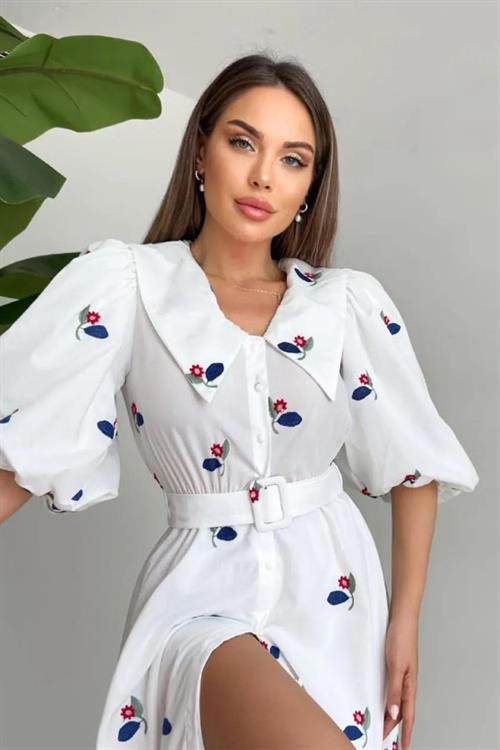 Toptan Kırmızı Yakası Çiçek Motifli Kemerli Elbise