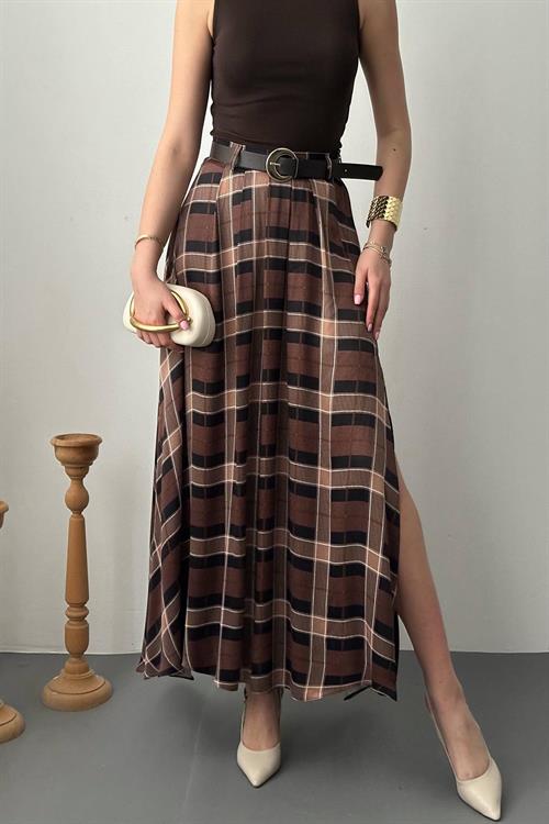 Wholesale Dark Brown Plaid Skirt
