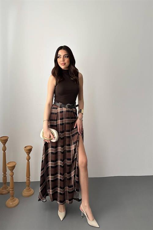 Wholesale Dark Brown Plaid Skirt