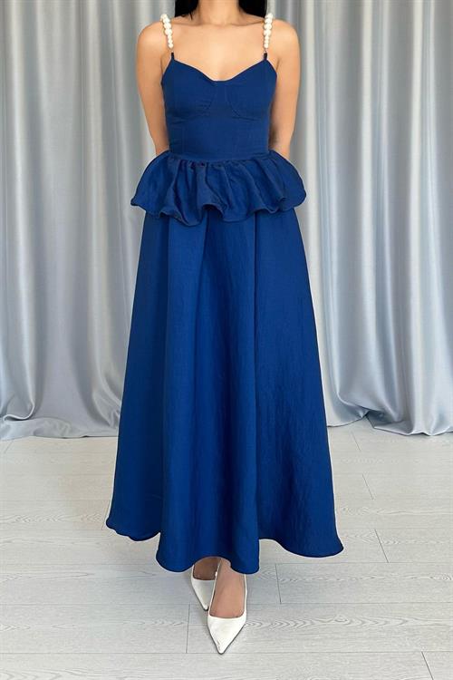 Wholesale Navy Blue Gathered Waist Pearl Strap Long Dress