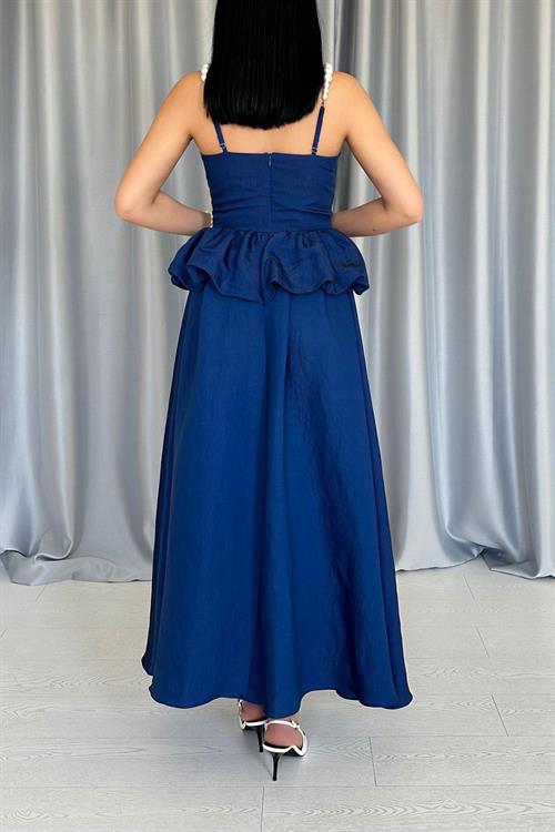 Wholesale Navy Blue Gathered Waist Pearl Strap Long Dress