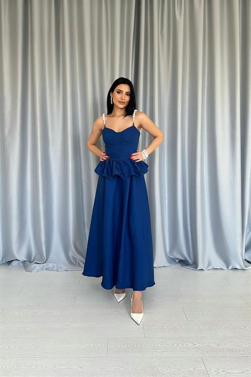 Wholesale Navy Blue Gathered Waist Pearl Strap Long Dress