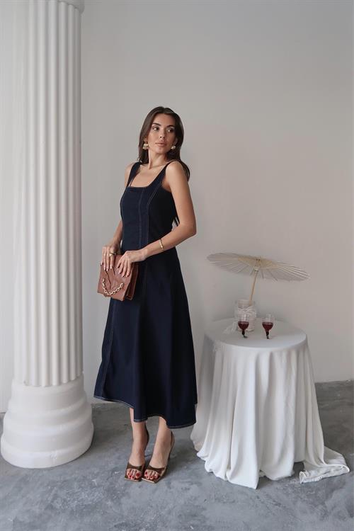 Toptan Lacivert Çift Dikişli Gabardin Elbise