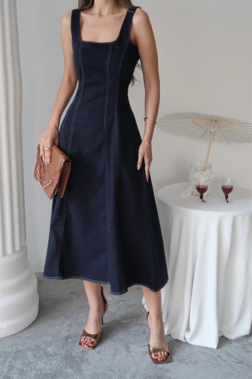 Toptan Lacivert Çift Dikişli Gabardin Elbise