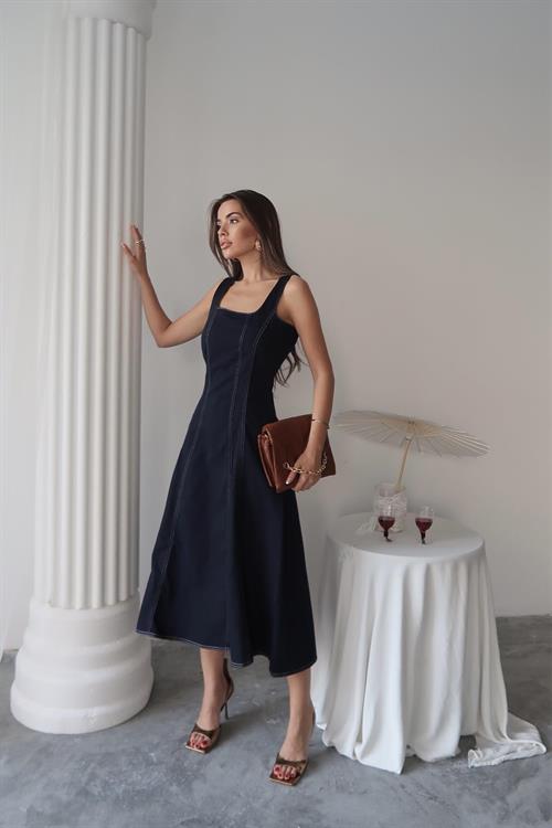 Toptan Lacivert Çift Dikişli Gabardin Elbise