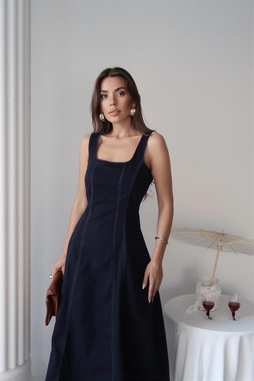 Toptan Lacivert Çift Dikişli Gabardin Elbise