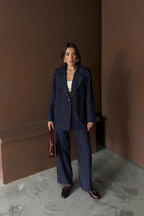Wholesale Navy Striped Jacket and Trousers Suit