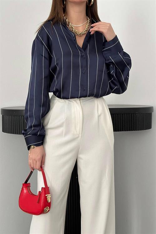 Wholesale Navy Striped Satin Shirt