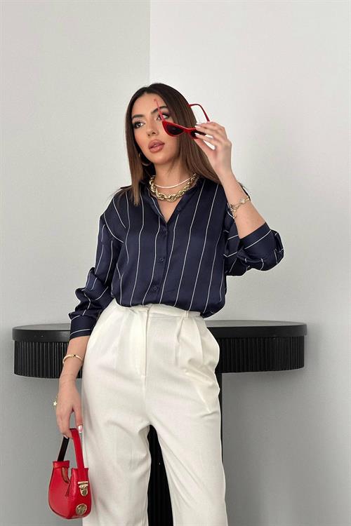 Wholesale Navy Striped Satin Shirt