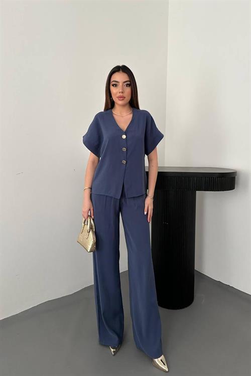 Wholesale Navy Modal Two-Piece Set with Gold Buttons and Matching Belt