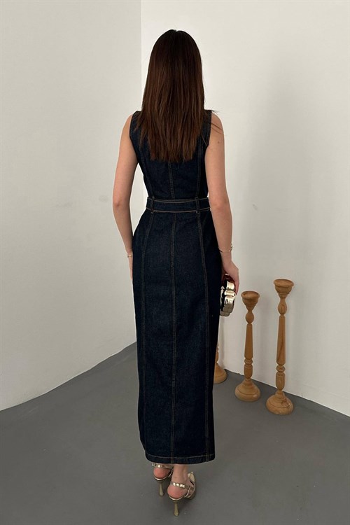 Toptan Lacivert Düğmeli Kot Elbise