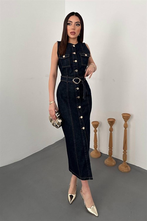 Toptan Lacivert Düğmeli Kot Elbise