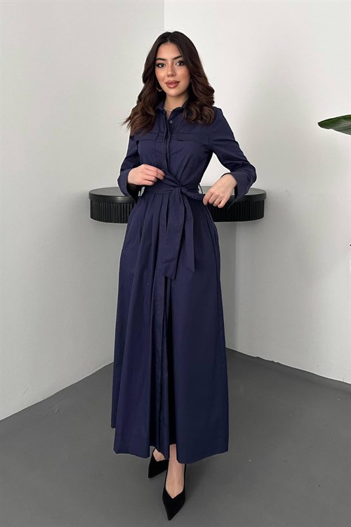 Toptan Lacivert Düğmeli Poplin Elbise