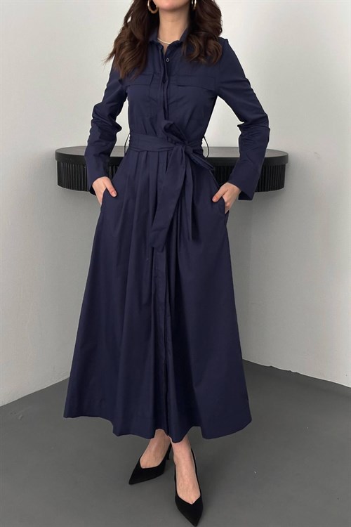 Toptan Lacivert Düğmeli Poplin Elbise