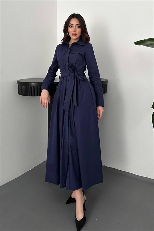 Toptan Lacivert Düğmeli Poplin Elbise