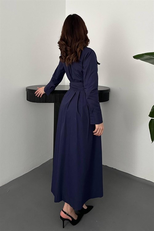 Toptan Lacivert Düğmeli Poplin Elbise