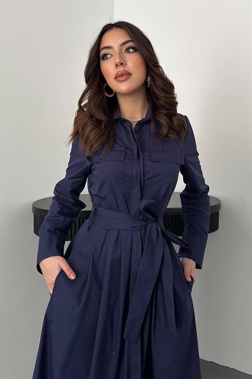 Toptan Lacivert Düğmeli Poplin Elbise