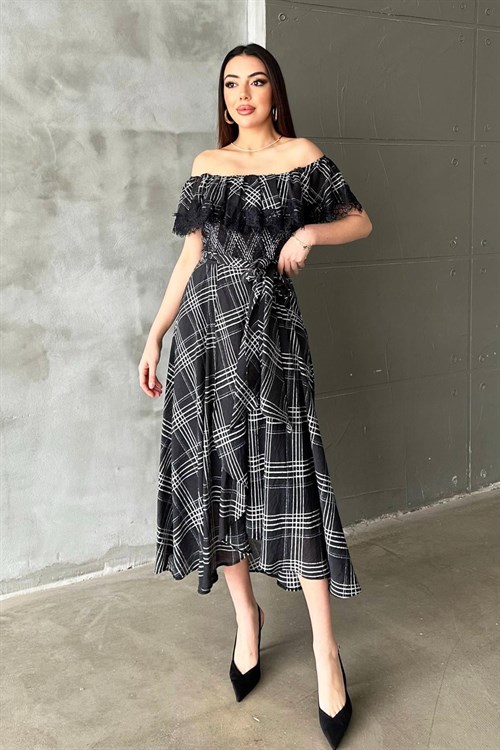 Toptan Lacivert Ekoseli Dantelli Elbise