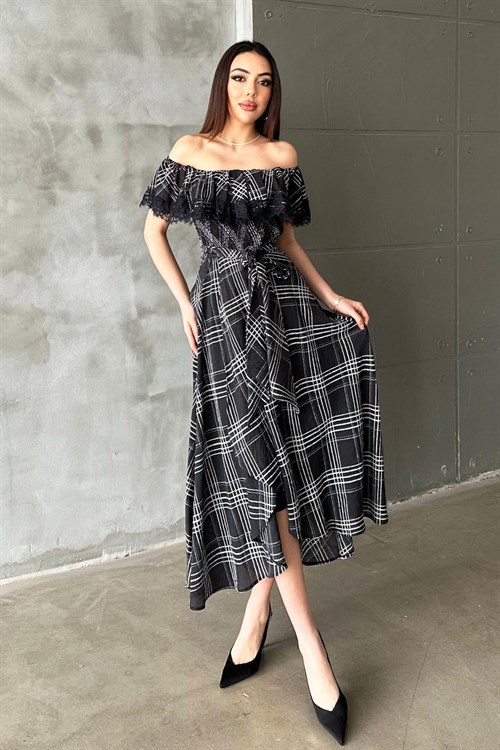 Toptan Lacivert Ekoseli Dantelli Elbise