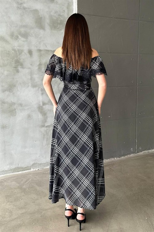 Toptan Lacivert Ekoseli Dantelli Elbise