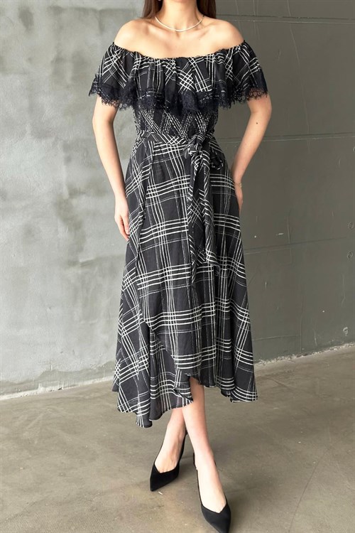 Toptan Lacivert Ekoseli Dantelli Elbise