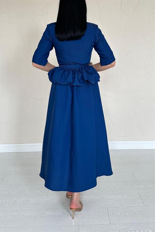 Wholesale Navy Blue Thin Belted Frilly Jacket and Gathered Skirt Set