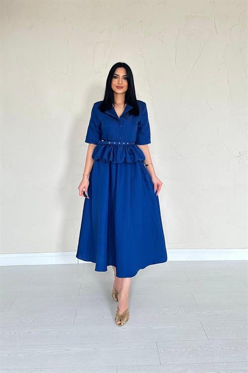 Wholesale Navy Blue Thin Belted Frilly Jacket and Gathered Skirt Set