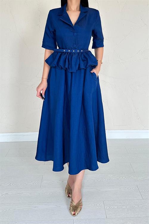 Wholesale Navy Blue Thin Belted Frilly Jacket and Gathered Skirt Set