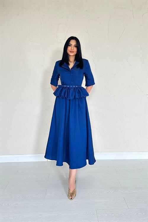 Wholesale Navy Blue Thin Belted Frilly Jacket and Gathered Skirt Set