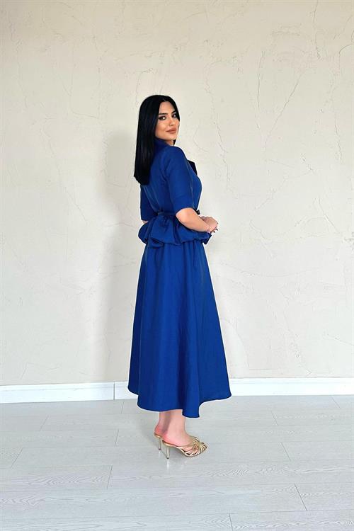 Wholesale Navy Blue Thin Belted Frilly Jacket and Gathered Skirt Set