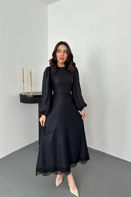 Wholesale Navy Embossed Shimmery Maxi Dress with Lace Trim
